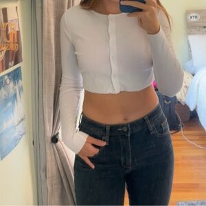Women's White Cropped Button-Up Sweater